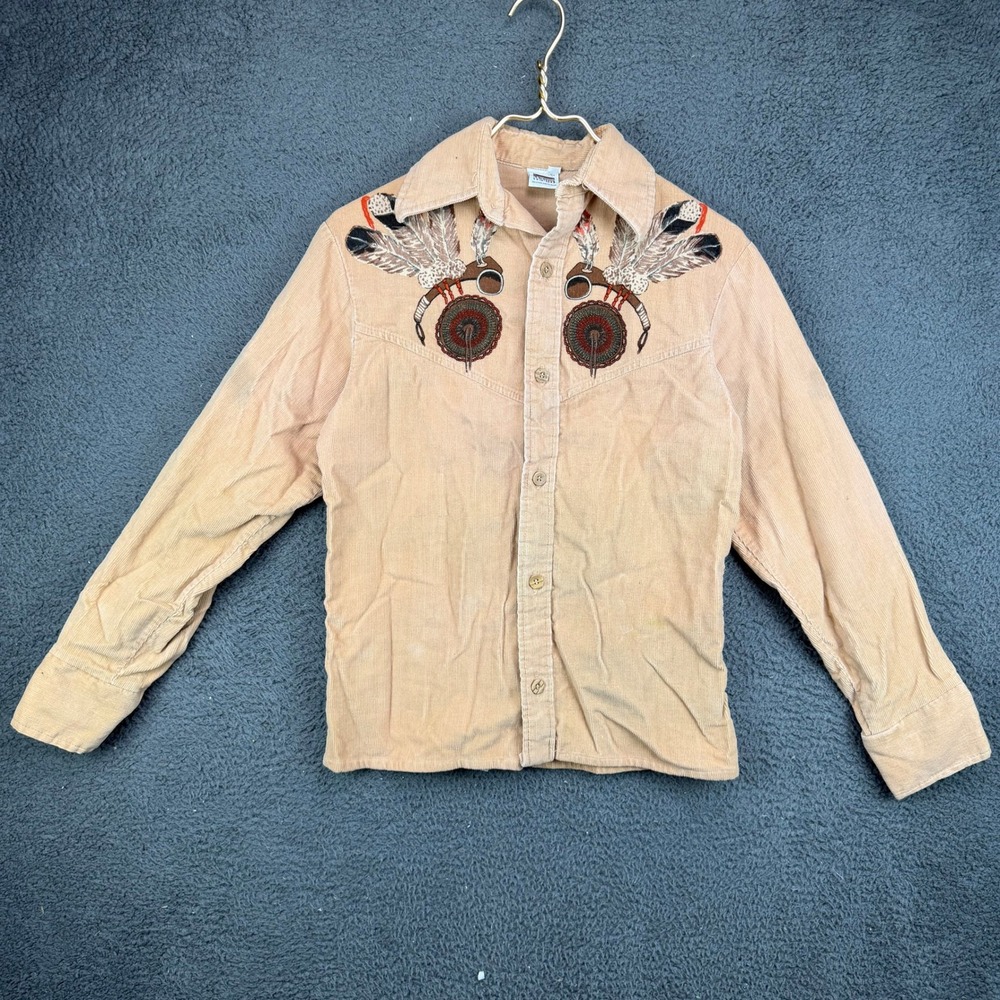 Vintage‎ Montgomery Ward Tan Corduroy Western Shirt Embroidered Headdress XS